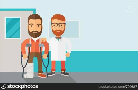 An injured man in crutches assisted by a doctor. Safety concept. Contemporary style with pastel palette, soft blue tinted background. Vector flat design illustrations. Horizontal layout with text space in right side.. Injured man assisted by a doctor.