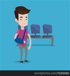 An injured man wearing an arm brace. Young smiling man with his broken right arm standing in the hospital corridor. Vector flat design illustration isolated on blue background. Square layout.. Injured man with broken arm vector illustration.