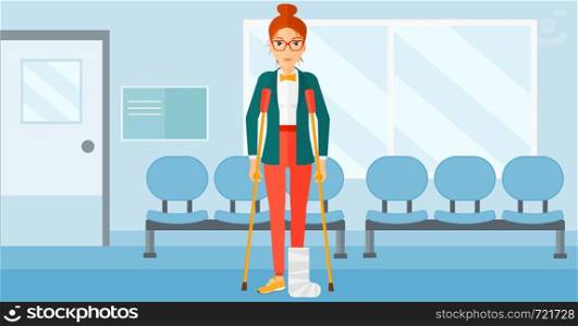 An injured woman with broken leg standing with crutches on the background of hospital corridor vector flat design illustration. Horizontal layout.. Patient with broken leg.
