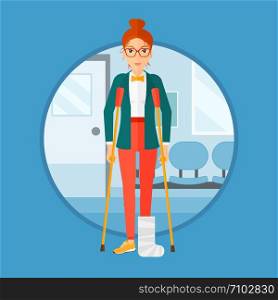 An injured woman with leg in plaster. Young woman with broken using crutches. Woman with fractured leg in the hospital corridor. Vector flat design illustration in the circle isolated on background.. Woman with broken leg and crutches.