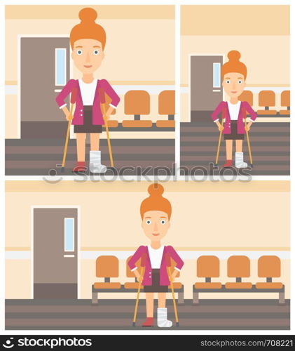 An injured young woman with leg in plaster using crutches while standing in the hospital corridor. Vector flat design Illustration. Square, horizontal, vertical layouts.. Woman with broken leg and crutches.