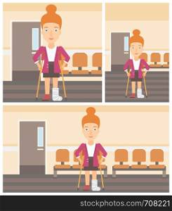 An injured young woman with leg in plaster using crutches while standing in the hospital corridor. Vector flat design Illustration. Square, horizontal, vertical layouts.. Woman with broken leg and crutches.