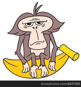 an innocent faced old monkey sitting gloomily on a large banana
