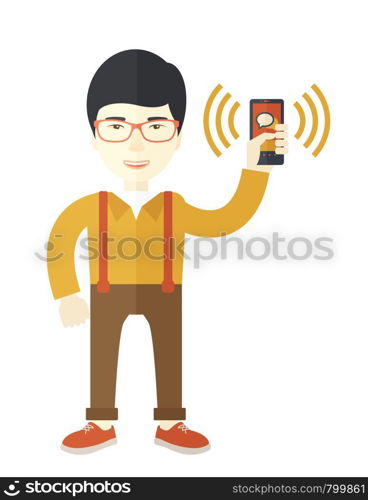 An office worker holding his smartphone vibrating. A Contemporary style. Vector flat design illustration isolated white background. Vertical layout.. Office worker and his smartphone.
