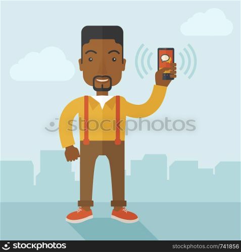 An office worker holding his smartphone vibrating. A contemporary style with pastel palette soft blue tinted background with desaturated clouds. Vector flat design illustration. Square layout. . Office worker and his smartphone.