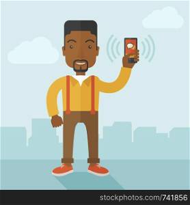 An office worker holding his smartphone vibrating. A contemporary style with pastel palette soft blue tinted background with desaturated clouds. Vector flat design illustration. Square layout. . Office worker and his smartphone.