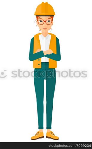 An oil worker in helmet standing with crossed arms vector flat design illustration isolated on white background. Vertical layout.. Cnfident oil worker.