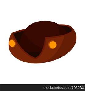 An old brown hat icon in cartoon style on a white background. An old brown hat icon in cartoon