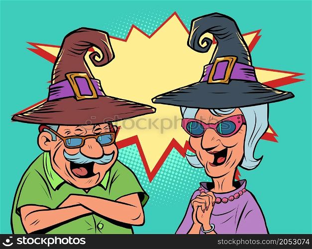 An old man and an old women couple in halloween hats laugh. love and friendship. comic cartoon illustration vintage hand drawing. An old man and an old women couple in halloween hats laugh. love and friendship