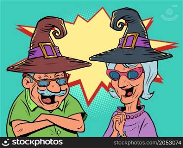 An old man and an old women couple in halloween hats laugh. love and friendship. comic cartoon illustration vintage hand drawing. An old man and an old women couple in halloween hats laugh. love and friendship