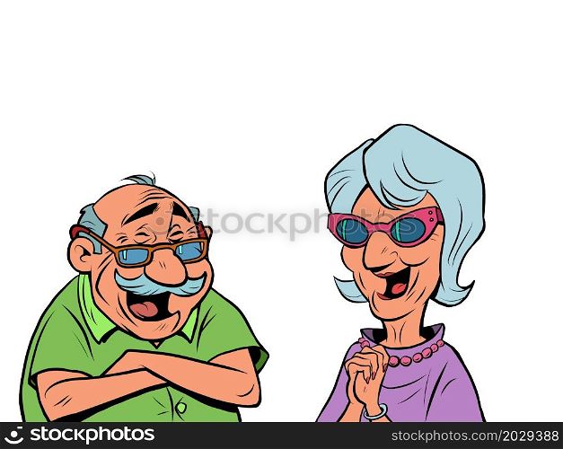 An old man and an old women couple laugh. love and friendship. comic cartoon illustration vintage hand drawing. An old man and an old women couple laugh. love and friendship