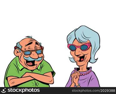An old man and an old women couple laugh. love and friendship. comic cartoon illustration vintage hand drawing. An old man and an old women couple laugh. love and friendship