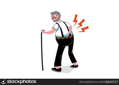an old man is touching on his back while walking because he feel backache. the illustation of grandfather with walking stick on isolate white background.