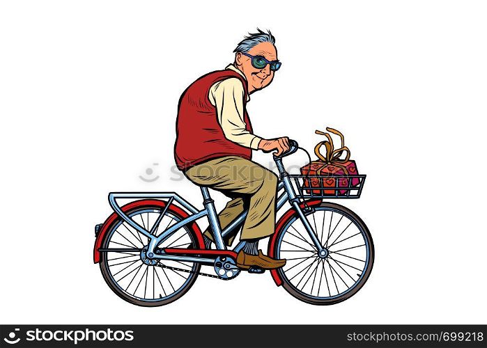 an old man with a gift, riding a Bicycle. Pop art retro vector illustration vintage kitsch. an old man with a gift, riding a Bicycle