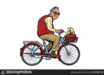 an old man with a gift, riding a Bicycle. Pop art retro vector illustration vintage kitsch. an old man with a gift, riding a Bicycle