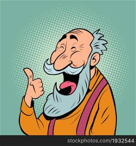 an old man with a gray beard laughs. Positive elderly senor. comic cartoon illustration vintage hand drawing. an old man with a gray beard laughs. Positive elderly senor