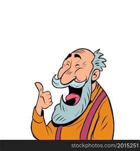 an old man with a gray beard laughs. Positive elderly senor. comic cartoon illustration vintage hand drawing. an old man with a gray beard laughs. Positive elderly senor