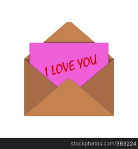 An open envelope with a pink slip letters and the words I love you, flat design