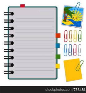 An open notebook with clean sheets on a spiral and with bookmarks. A set of paper clips and paper for notes. Flat vector illustration isolated on white background. With space for text or image. An open notebook with clean sheets on a spiral and with bookmarks. A set of paper clips and paper for notes. Flat vector illustration isolated on white background. With space for text or image.