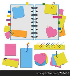 An open organizer with clean sheets on a spiral and with bookmarks. A set of stickers and paper for notes. Colorful flat vector illustration isolated on white background. With space for text or image. An open organizer with clean sheets on a spiral and with bookmarks. A set of stickers and paper for notes. Colorful flat vector illustration isolated on white background. With space for text or image.