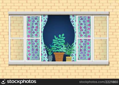 An open window with with potted indoor flowers on it, a fragment of the brick wall of the building. Vector illustration.