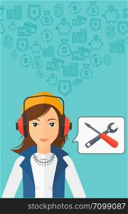 An operator of technical support with headphone set and speech square on a blue background with business icons vector flat design illustration. Vertical layout.. Operator of technical support.