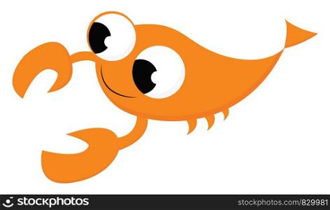 An orange coloured crayfish swimming in the sea having big eyes two sharp claws and small tentacles vector color drawing or illustration