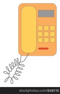An orange wired landline telephone with connection , vector, color drawing or illustration.