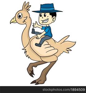 an ostrich is riding a cowboy. cartoon illustration cute sticker