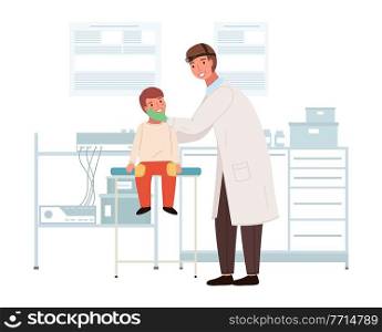 An otolaryngologist examines a child s sore throat. Doctor with patient in a medical laboratory. ENT holds the boy by the head to see his mouth. Man and kid characters on medical examination. An otolaryngologist examines a child s sore throat. Doctor with patient in a medical laboratory