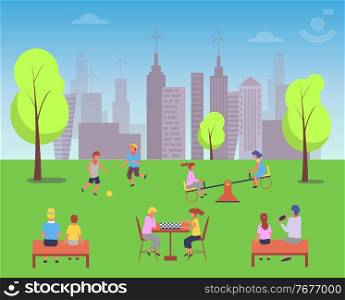 An outdoor, entertainment and intellectual games park. Kids play chess, guys play football. Parents on benches, photographing their offspring. Active time in the city. Games for logical thinking. An amusement park for children and adults. Children play on the playground, parents sit on benches
