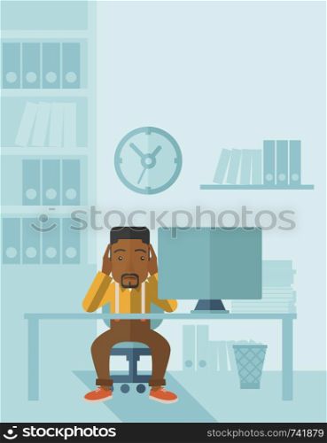 An overworked african-american businessman sitting infront of computer holding his head by two hands, under stress causing a headache. Unhappy concept. A contemporary style with pastel palette soft blue tinted background. Vector flat design illustration. Vertical layout.. Overworked businessman is under stress.