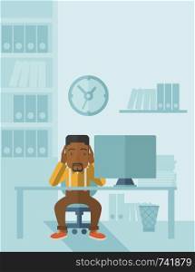 An overworked african-american businessman sitting infront of computer holding his head by two hands, under stress causing a headache. Unhappy concept. A contemporary style with pastel palette soft blue tinted background. Vector flat design illustration. Vertical layout.. Overworked businessman is under stress.