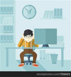 An overworked japanese businessman sitting infront of computer holding his head by two hands, under stress causing a headache. Unhappy concept. A contemporary style with pastel palette soft blue tinted background. Vector flat design illustration. Square layout.. Overworked businessman is under stress.