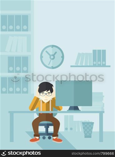 An overworked japanese businessman sitting infront of computer holding his head by two hands, under stress causing a headache. Unhappy concept. A contemporary style with pastel palette soft blue tinted background. Vector flat design illustration. Vertical layout.. Overworked businessman is under stress.
