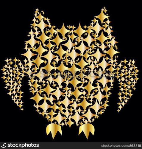 An owl consisting of gold plates on a black background. The symbol of wealth, wisdom