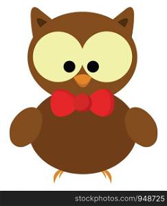 An owl with big yellow eyes and a red bow, vector, color drawing or illustration.