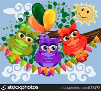 An unhappy, sleepy owl on a tree branch in the morning, the sun shines and smiles. Morning, breakfast. Two bright, cartoon, lovely, colorful owl-girls drink coffee on a flowering branch of a tree. Morning, breakfast