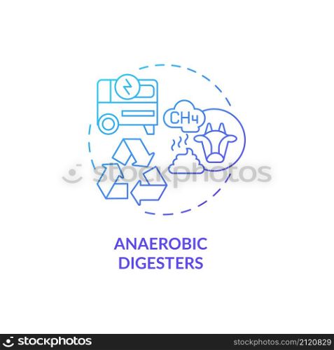 Anaerobic digesters blue gradient concept icon. Animal waste on farm abstract idea thin line illustration. Reduce methane emissions. Isolated outline drawing. Roboto-Medium, Myriad Pro-Bold fonts used. Anaerobic digesters blue gradient concept icon
