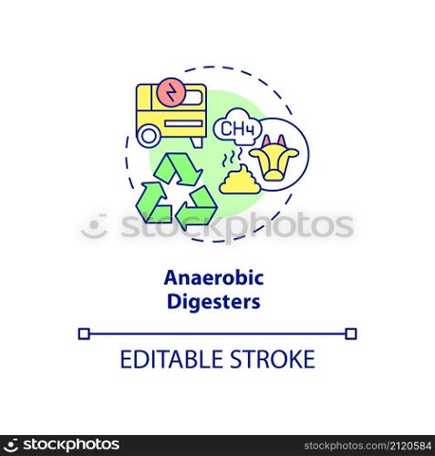 Anaerobic digesters concept icon. Livestock greenhouse gases reduction abstract idea thin line illustration. Isolated outline drawing. Editable stroke. Roboto-Medium, Myriad Pro-Bold fonts used. Anaerobic digesters concept icon
