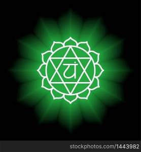 Anahata icon. The fourth heart chakra. Vector green gloss and shine. Line symbol. Sacral sign. Meditation