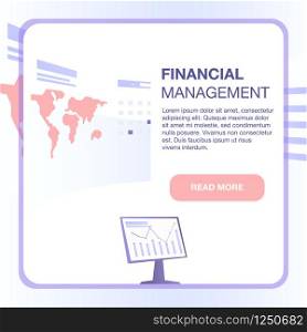 Analitics Centre Abstract Flat Vector Illustration. Office Work Attributes Computer Monitor and Big Screen with World Map Inside Purple Frame. Financial Management Square Banner with Copy Space.. Office Work Attributes PC Monitor and World Map