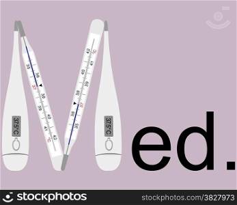 analog and digital clinical thermometers as letter M