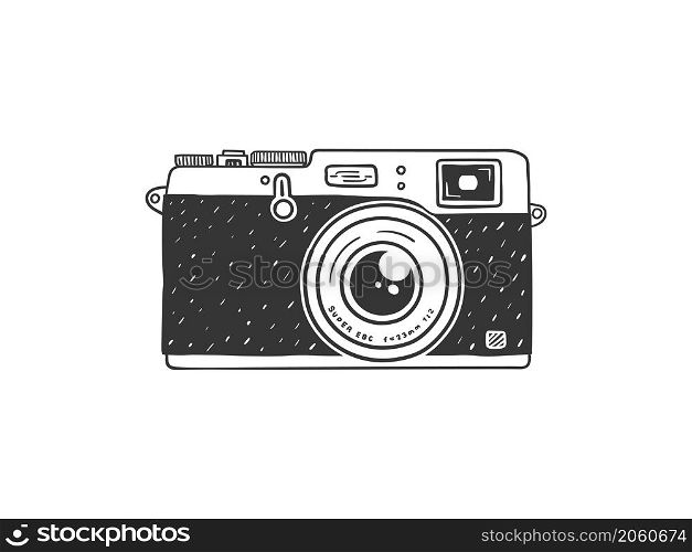 Analog camera. Retro hand-drawn camera. Illustration in sketch style. Vector image