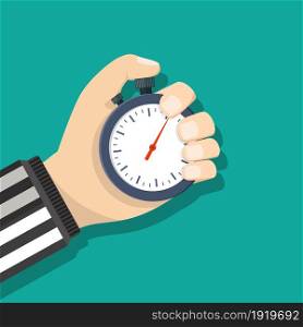 Analog chronometer timer counter in hand of referee, stopwatch. Vector illustration in flat style. Analog chronometer timer counter in hand