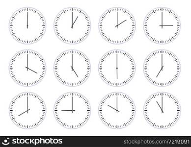 Analog circle clock show time every hour icon. Flat watch face with 12 oclock, timer animation. Wall clocks one to twelve hours vector set. Timezone international timepiece display. Analog circle clock show time every hour icon. Flat watch face with 12 oclock, timer animation. Wall clocks one to twelve hours vector set