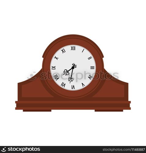 Analog old wooden wall clock isolated on white, vector illustration. Analog old wooden wall clock