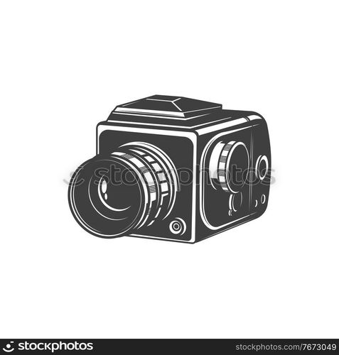 Analog photocamera isolated photo shooting device monochrome icon. Vector photographer instrument, photo-camera photography symbol. Vintage cam with folding zoom lens or object-glass, black and white. Old photo camera, photography shooting equipment