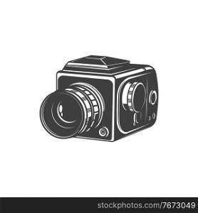 Analog photocamera isolated photo shooting device monochrome icon. Vector photographer instrument, photo-camera photography symbol. Vintage cam with folding zoom lens or object-glass, black and white. Old photo camera, photography shooting equipment