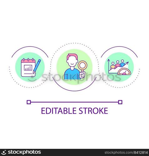 Analysing corporate data loop concept icon. Study efficiency of work. Business research abstract idea thin line illustration. Isolated outline drawing. Editable stroke. Arial font used. Analysing corporate data loop concept icon